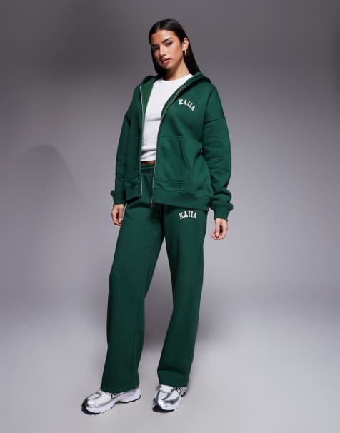 Kaiia - Coordinato verde bosco in misto cotone con logo ricamato composto da felpa con cappuccio e zip e joggers - view 1