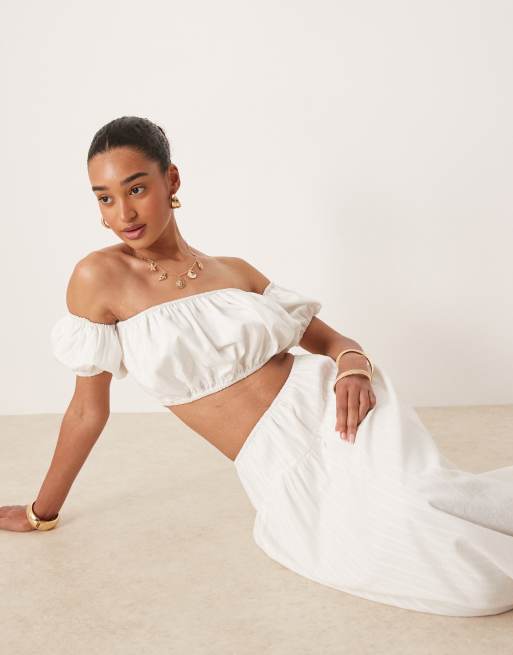 Kaiia cotton bardot gathered puff detail crop top co-ord in white
