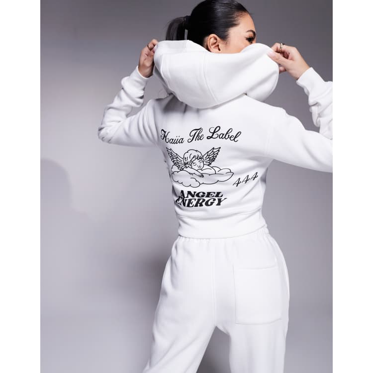 Kaiia cotton blend angel energy cherub back print cropped zip up