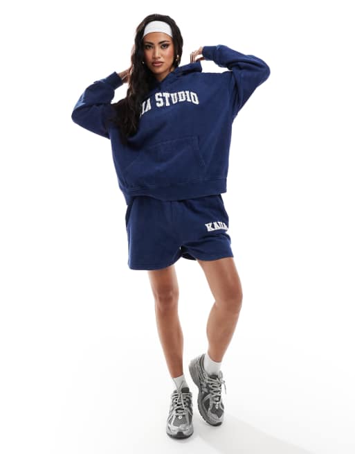 Kaiia cotton blend applique sweat shorts in denim blue - part of a set  , 3 of 5