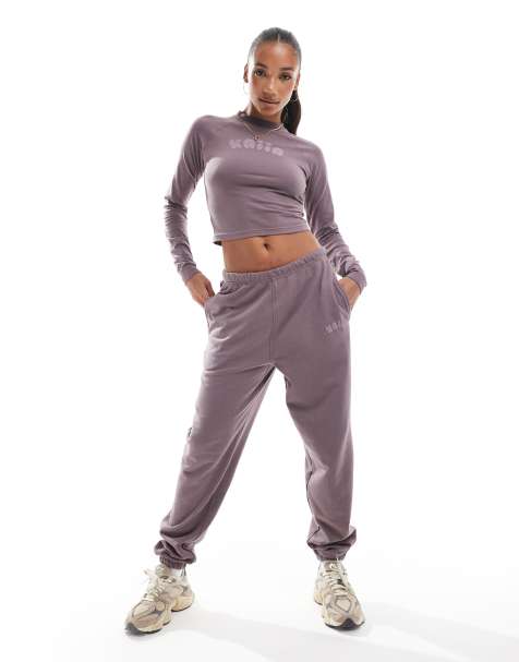 Kaiia cotton blend bubble logo cuffed leg joggers co-ord in purple - view 1