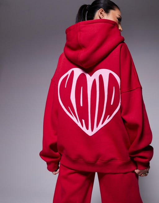 Kaiia cotton blend contrast heart logo oversized hoodie co-ord in red and pink  , 2 of 4