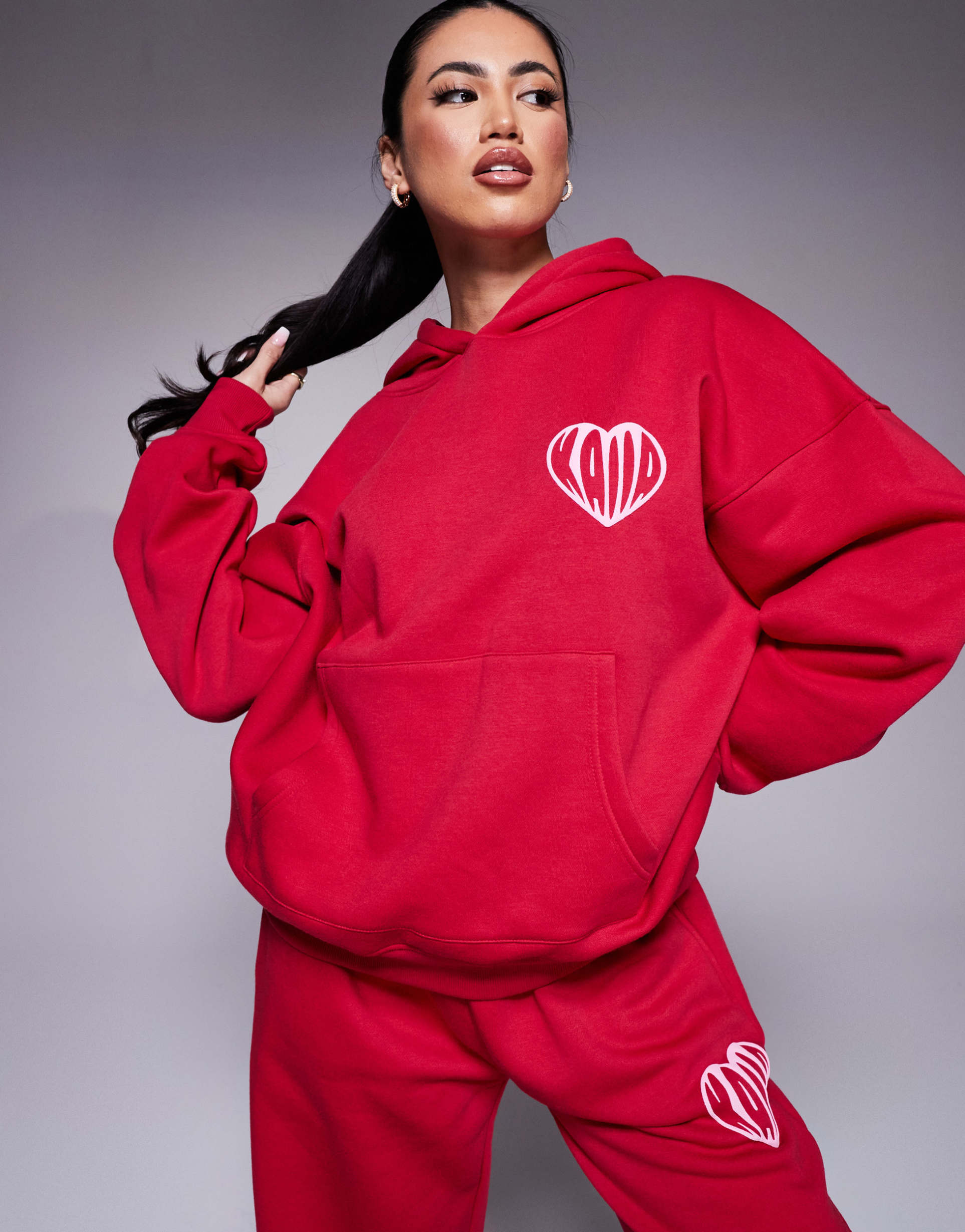 kaiia cotton blend contrast heart logo oversized hoodie in red and pink - part of a set