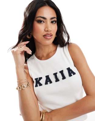 Kaiia Kaiia cotton blend denim applique logo longline vest top in white