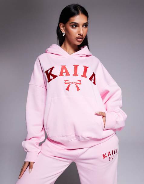 Kaiia cotton blend embroidered bow logo oversized hoodie co-ord in pink and red - view 1