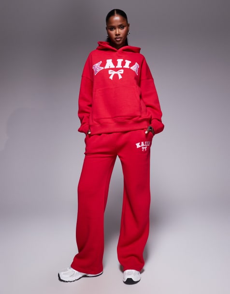 Kaiia cotton blend embroidered bow logo wide leg jogger co-ord in red and pink - view 1