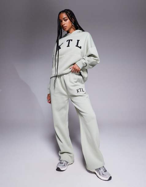Kaiia cotton blend embroidered KTL logo wide leg jogger co-ord in sage green - view 1