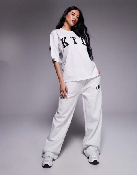 Kaiia cotton blend embroidered KTL logo wide leg sweatpants in light gray heather - part of a set - view 1