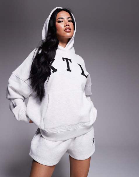 Kaiia cotton blend embroidered KTL oversized hoodie co-ord in light grey marl - view 1