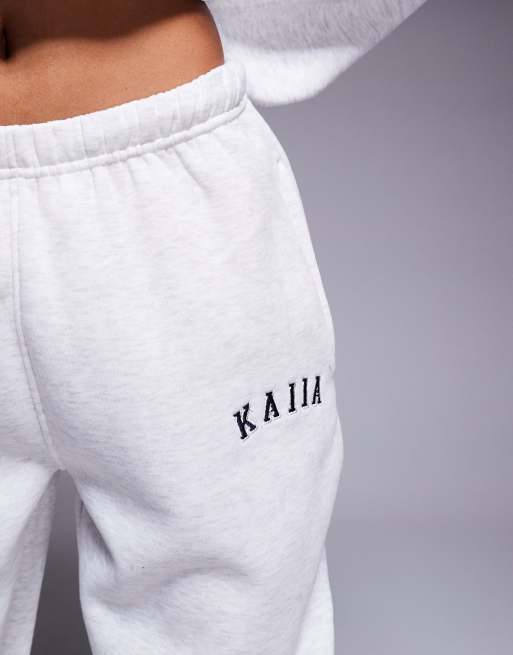 Kaiia cotton blend embroidered logo cuffed joggers co-ord in light grey marl  , 5 of 5