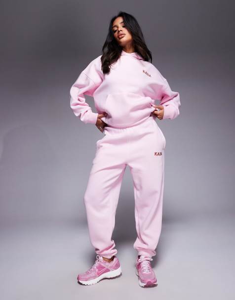 Kaiia cotton blend embroidered logo cuffed sweatpants in baby pink - part of a set - view 1