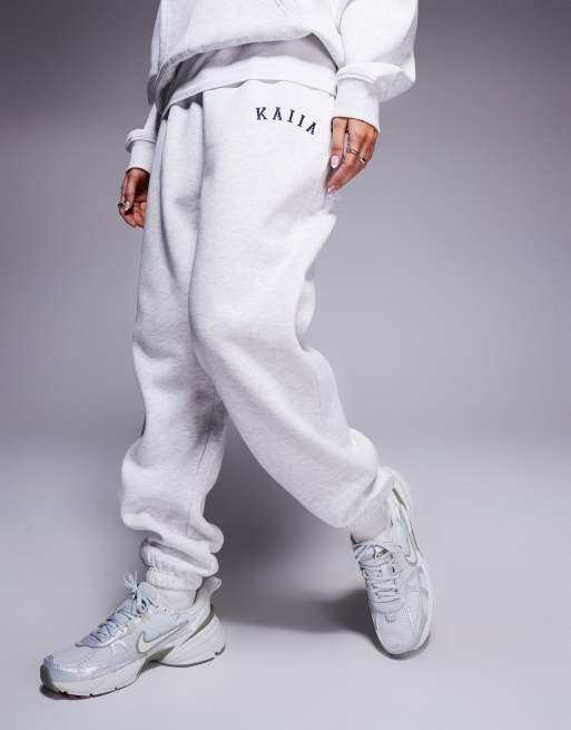 Kaiia cotton blend embroidered logo cuffed sweatpants in light gray heather - part of a set  , 4 of 5