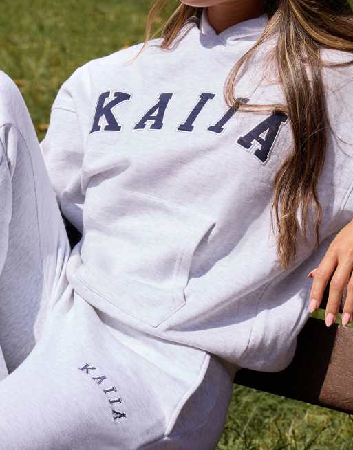 Kaiia cotton blend embroidered logo hoodie co-ord in light grey marl  , 3 of 4