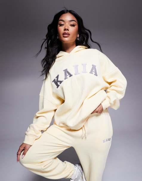 Kaiia cotton blend embroidered logo hoodie co-ord in soft yellow and dark grey - view 1