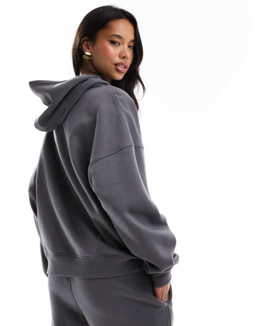 Kaiia cotton blend embroidered logo oversized hoodie co-ord in charcoal  , 3 of 4