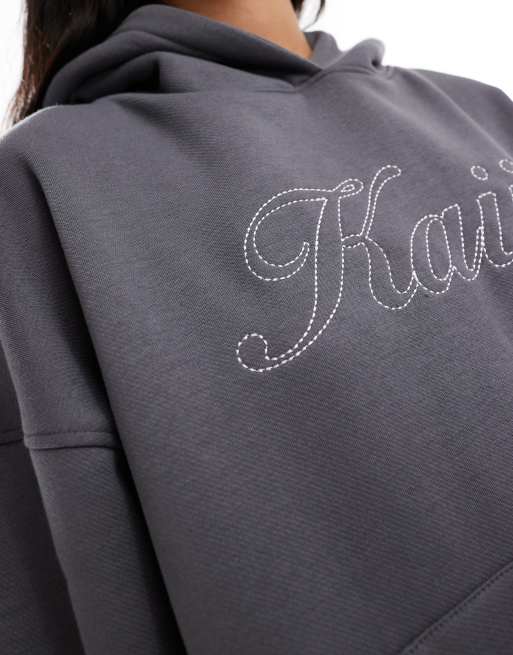 Kaiia cotton blend embroidered logo oversized hoodie in charcoal - part of a set  , 4 of 4