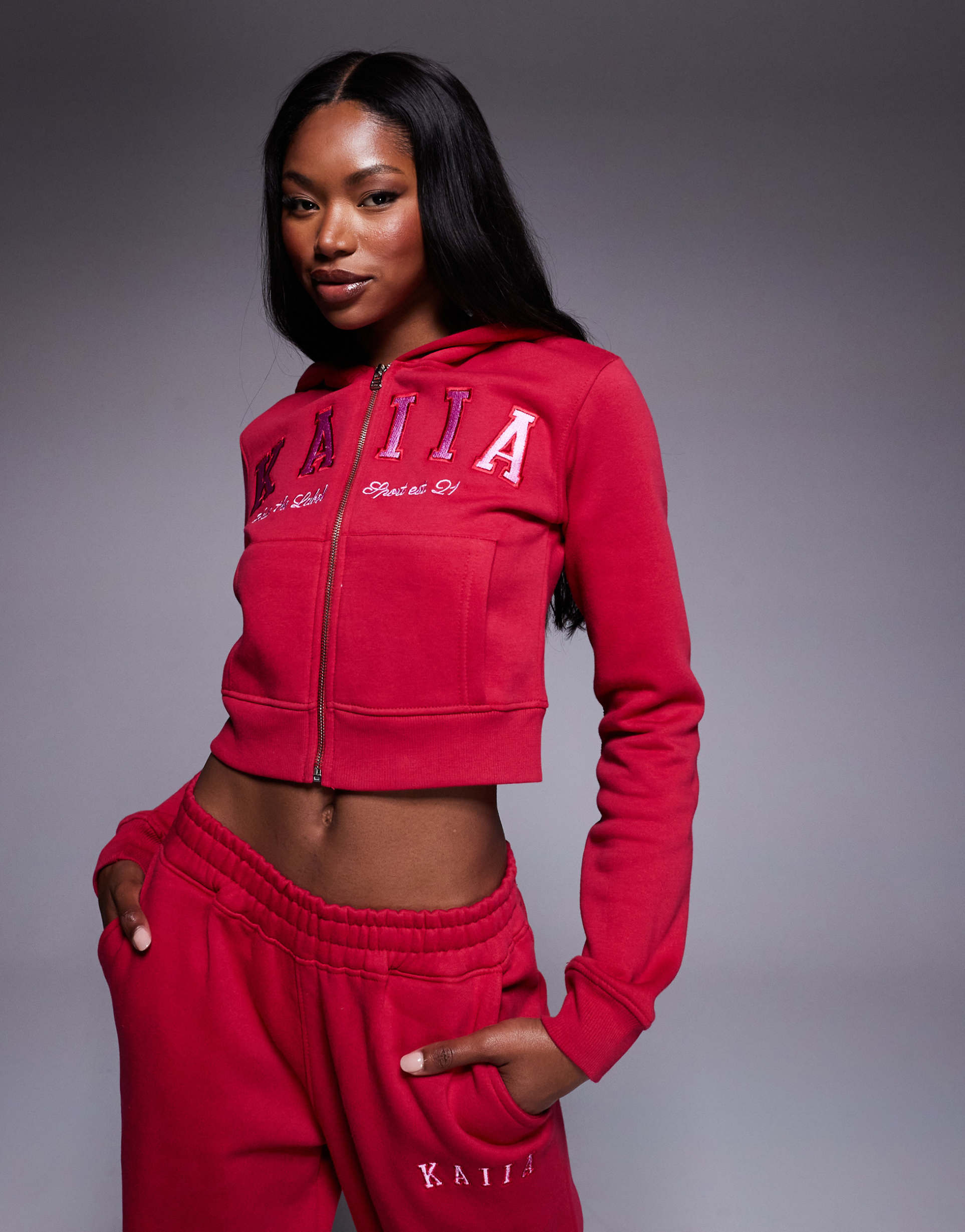 kaiia cotton blend embroidered logo oversized hoodie in red and pink - part of a set