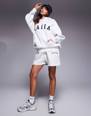 Kaiia Kaiia cotton blend embroidered logo sweat shorts co-ord in light grey marl