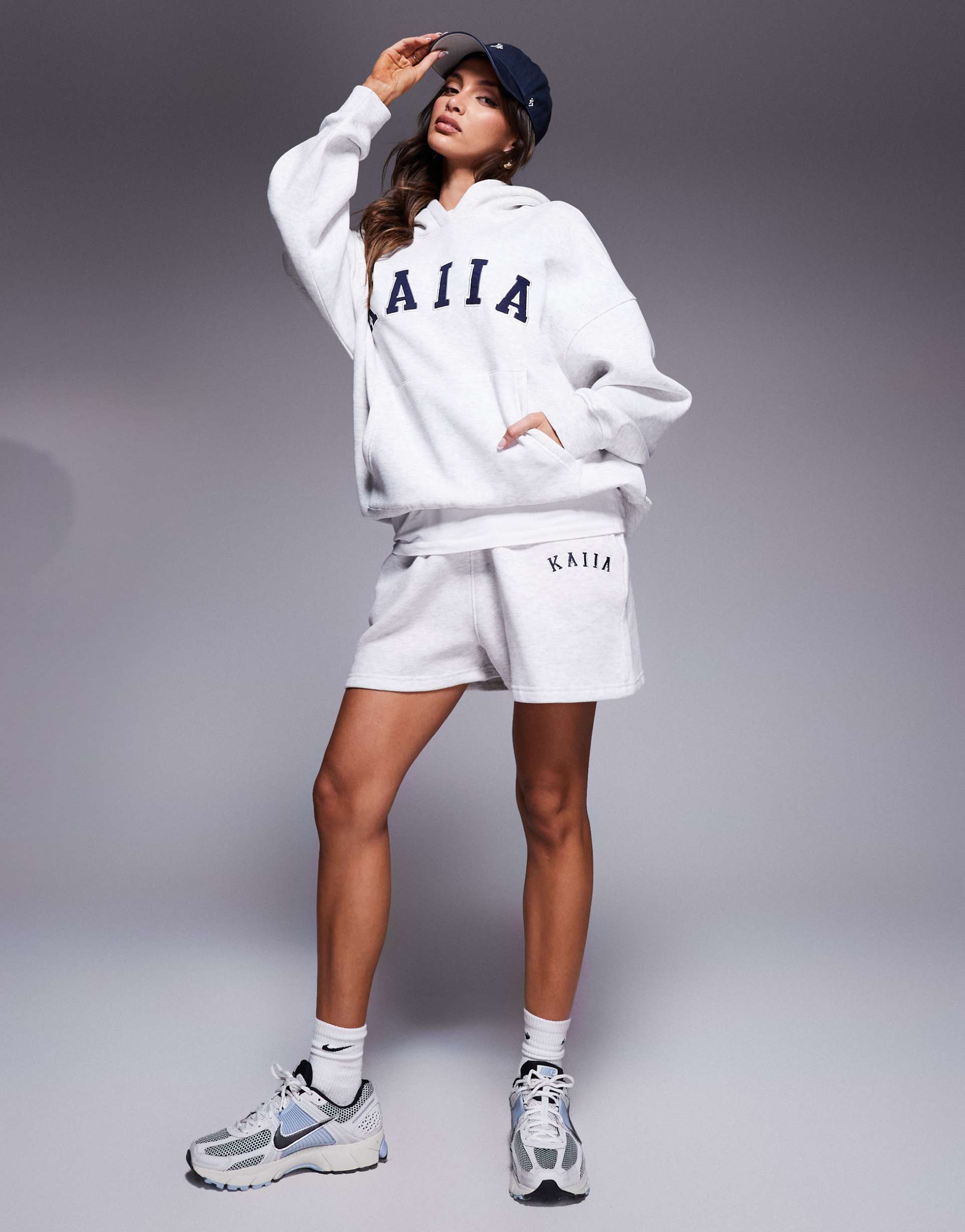 kaiia cotton blend embroidered logo sweat shorts in light gray heather - part of a set