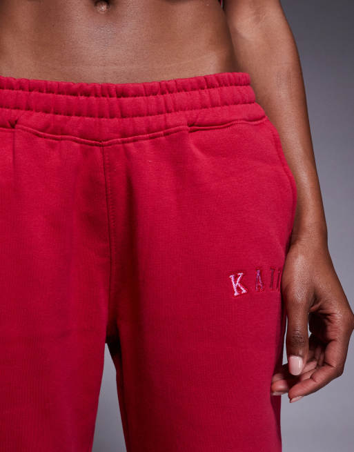 Kaiia cotton blend embroidered logo wide leg jogger co-ord in red and pink  , 4 of 5