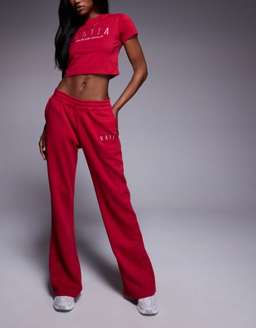 Kaiia cotton blend embroidered logo wide leg jogger co-ord in red and pink  , 5 of 5