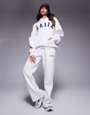 Kaiia cotton blend embroidered logo wide leg sweatpants in light gray heather - part of a set
