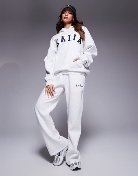 Kaiia cotton blend embroidered logo wide leg sweatpants in light gray heather - part of a set - view 1