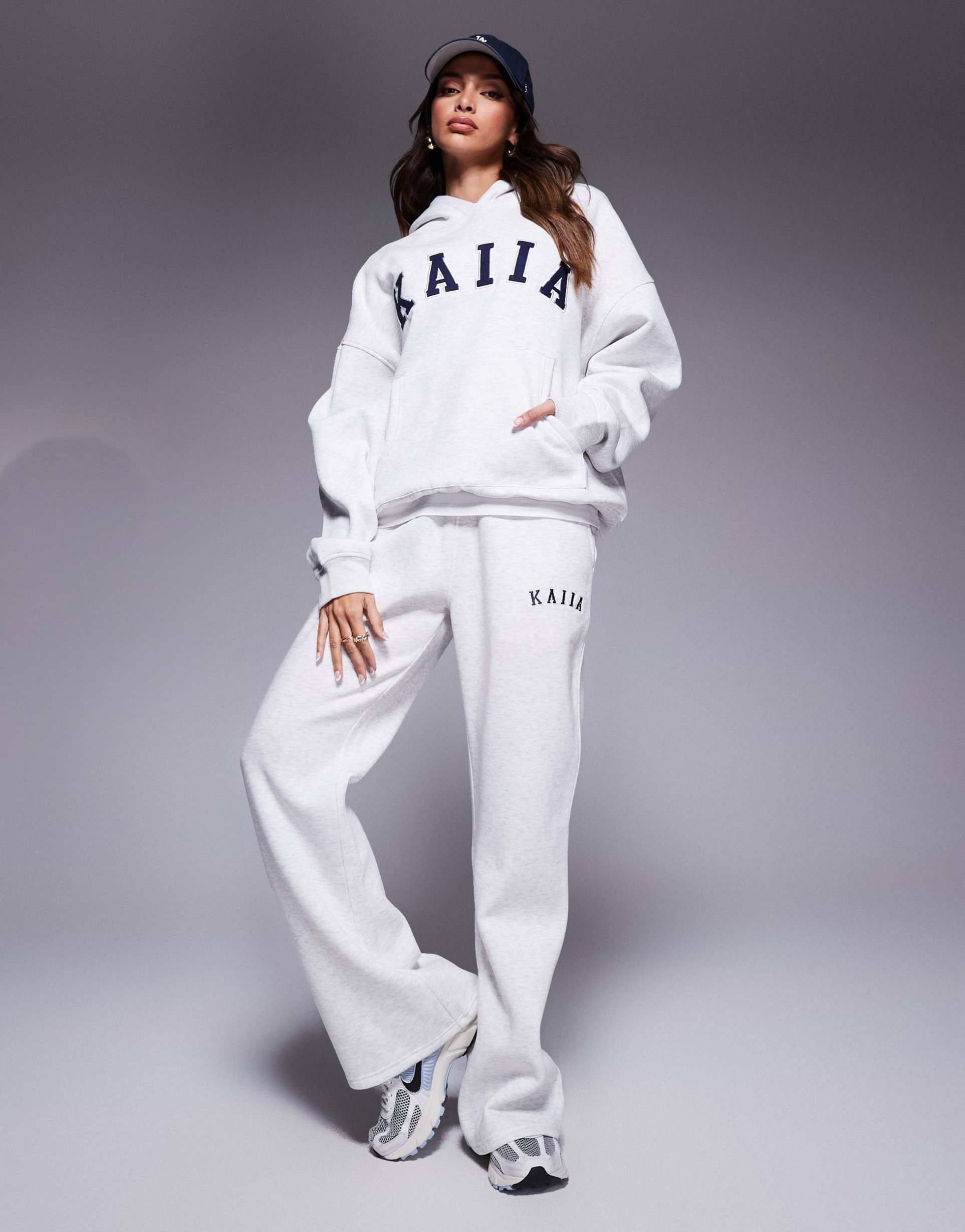 kaiia cotton blend embroidered logo wide leg sweatpants in light gray heather - part of a set