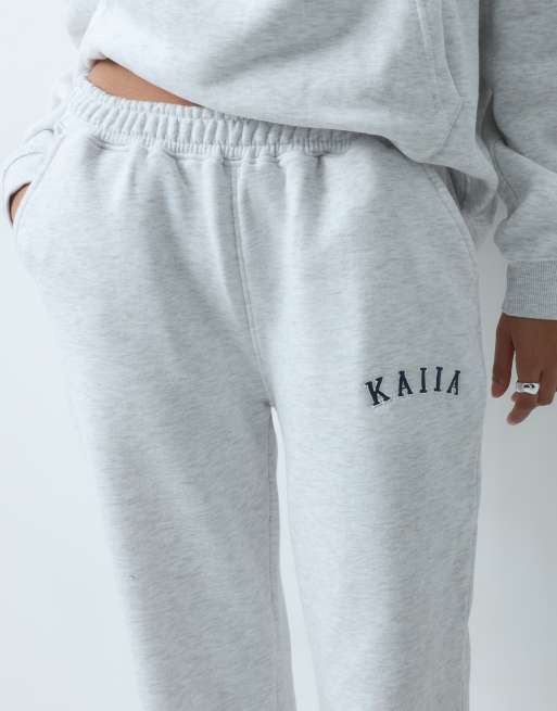 Kaiia cotton blend embroidered logo wide leg sweatpants in light gray heather - part of a set   , 2 of 5