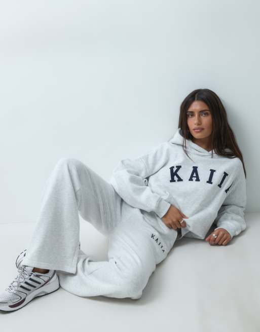 Kaiia cotton blend embroidered logo wide leg sweatpants in light gray heather - part of a set   , 4 of 5