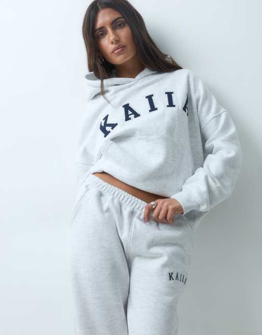 Kaiia cotton blend embroidered logo wide leg sweatpants in light gray heather - part of a set   , 5 of 5