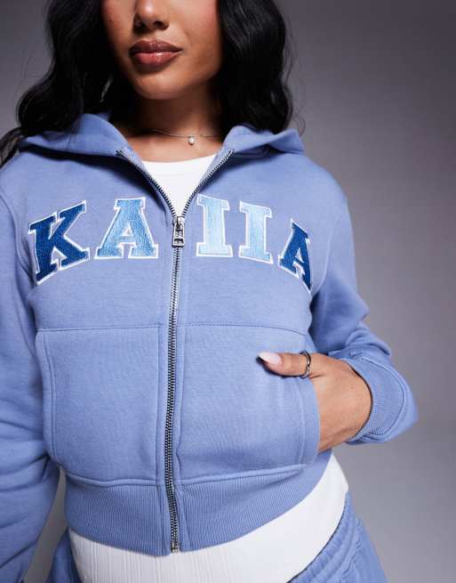 Kaiia cotton blend embroidered logo zip up hoodie in light blue - part of a set  , 4 of 4