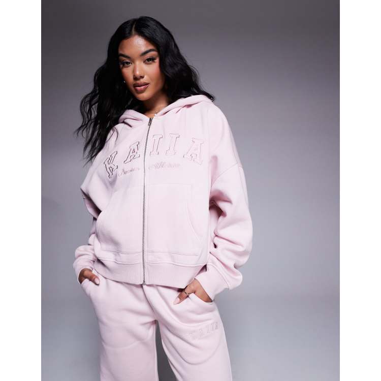 Kaiia cotton blend embroidered logo zip up hoodie in pink chai