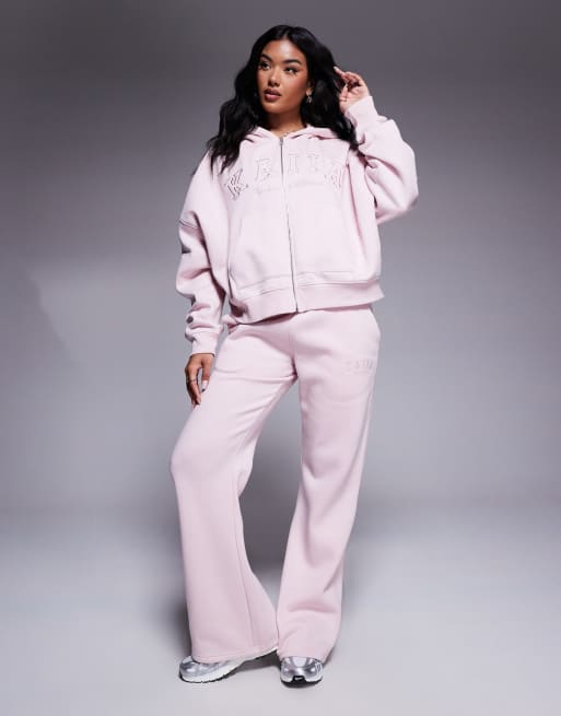 Kaiia cotton blend embroidered logo zip up hoodie in pink chai
