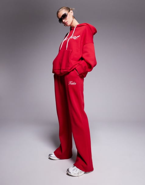 Kaiia cotton blend embroidered script logo jogger co-ord in red and white - view 1