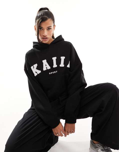 Kaiia cotton blend logo oversized hoodie co-ord in black - view 1