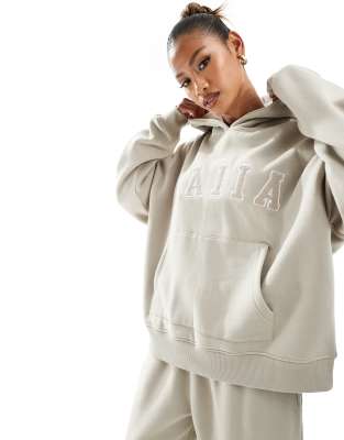Kaiia Kaiia cotton blend logo oversized hoodie co-ord in stone-Neutral