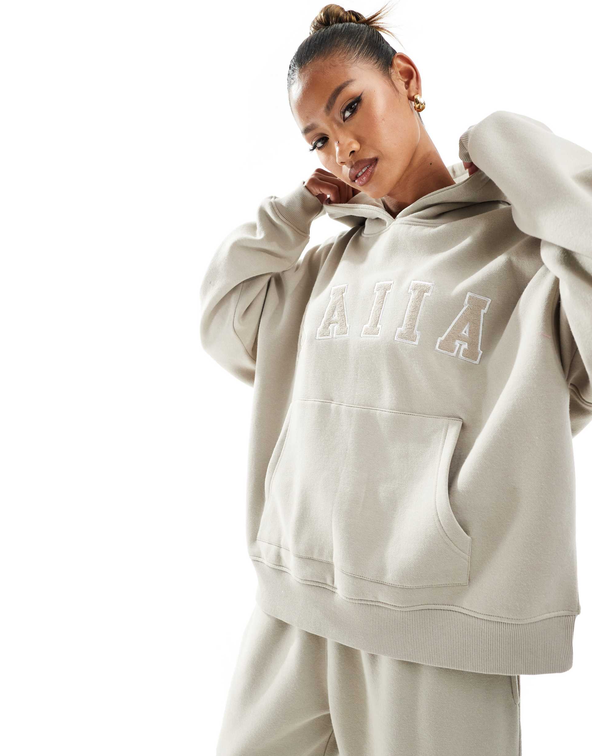 kaiia cotton blend logo oversized hoodie in stone - part of a set