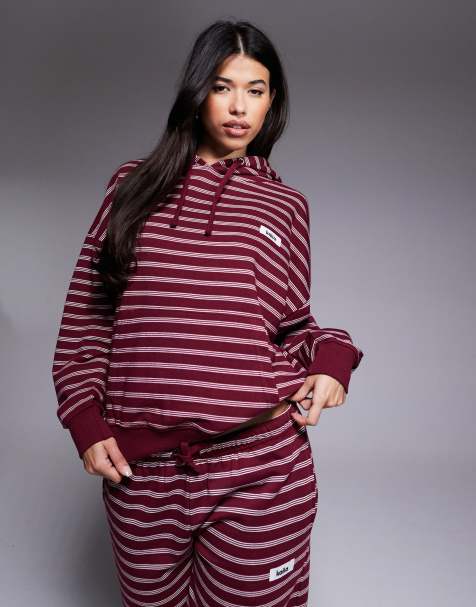 Kaiia cotton blend logo patch detail oversized hoodie co-ord in burgundy and cream stripe - view 1