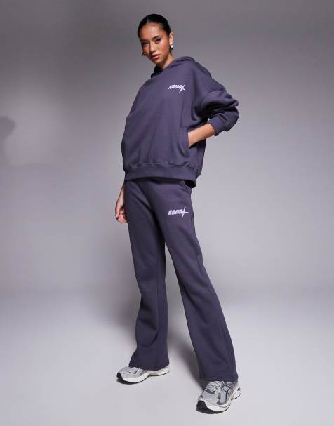 Kaiia cotton blend logo wide leg jogger co-ord in charcoal - view 1