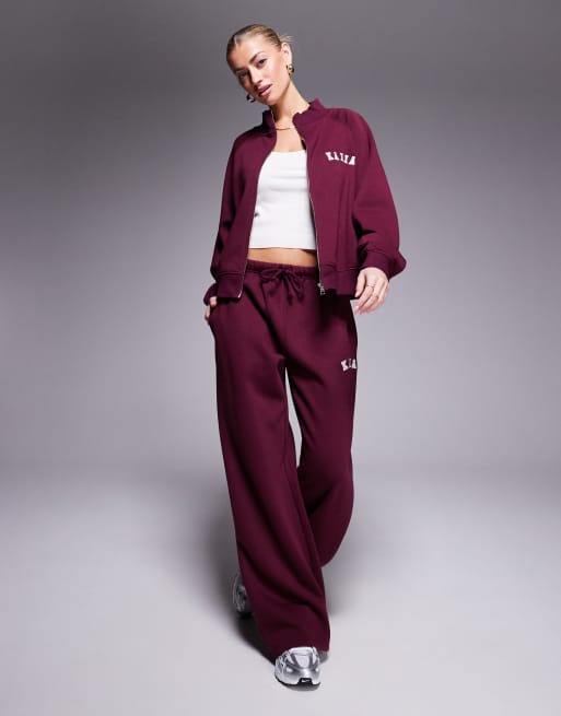 Kaiia cotton blend oversized bomber zip through contrast logo sweat jacket in burgundy (part of a set)  , 2 of 4