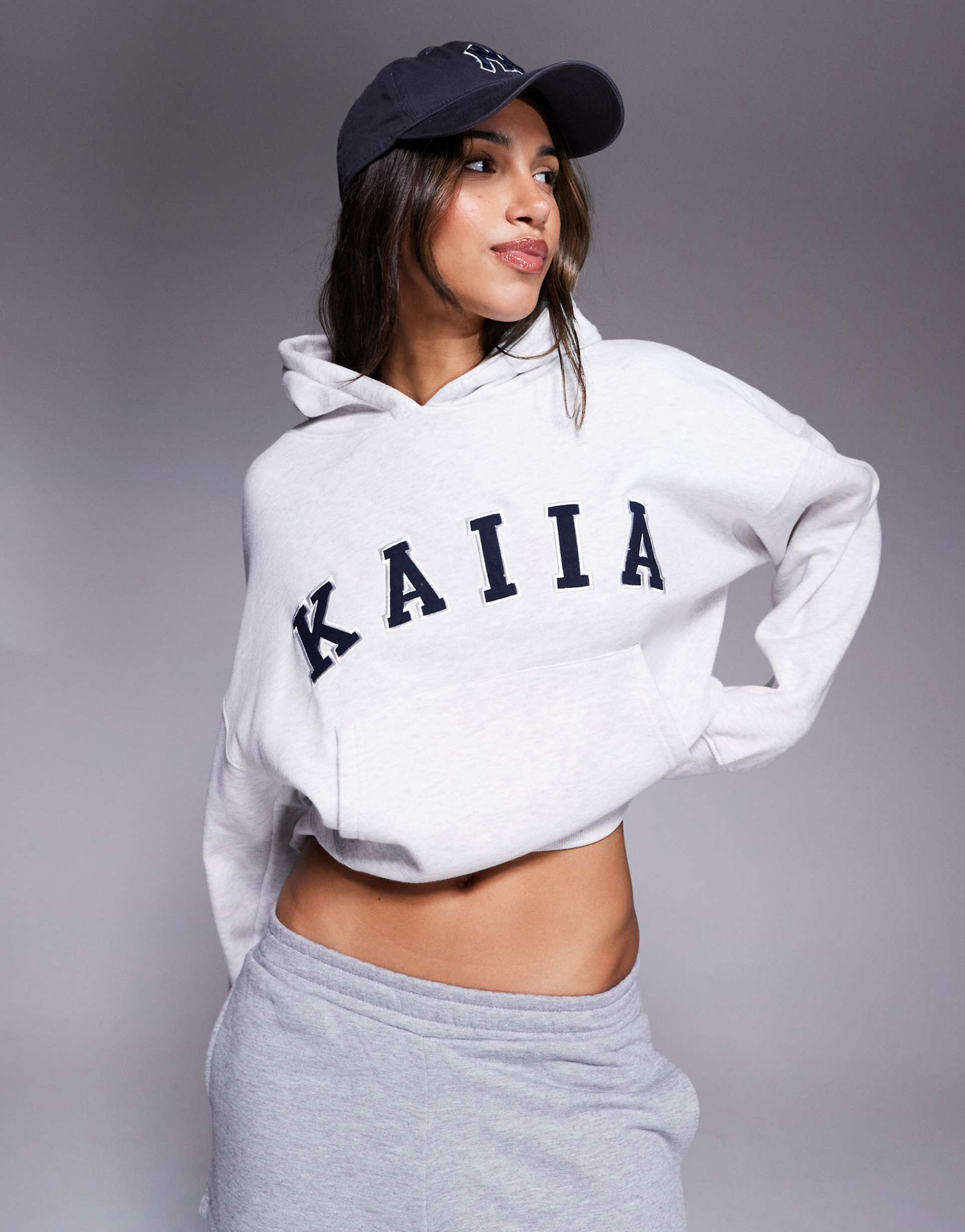 kaiia cotton blend oversized logo hoodie in gray heather - part of a set