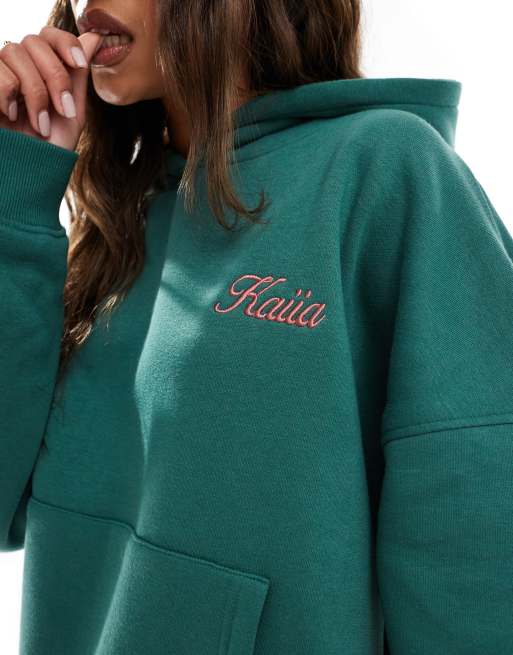 Kaiia cotton blend pink logo oversized hoodie co-ord in dark green