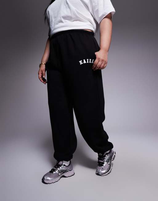 Kaiia cotton blend Plus embroidered logo cuffed sweatpants in black - part of a set   