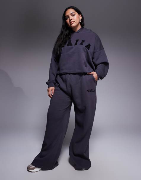Kaiia cotton blend Plus embroidered logo wide leg sweatpants in dark gray - part of a set - view 1