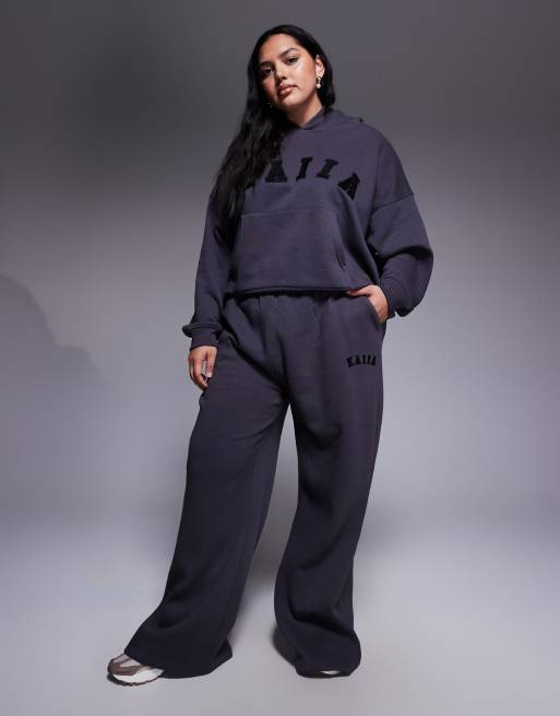 Kaiia cotton blend Plus embroidered logo wide leg sweatpants in dark gray - part of a set  