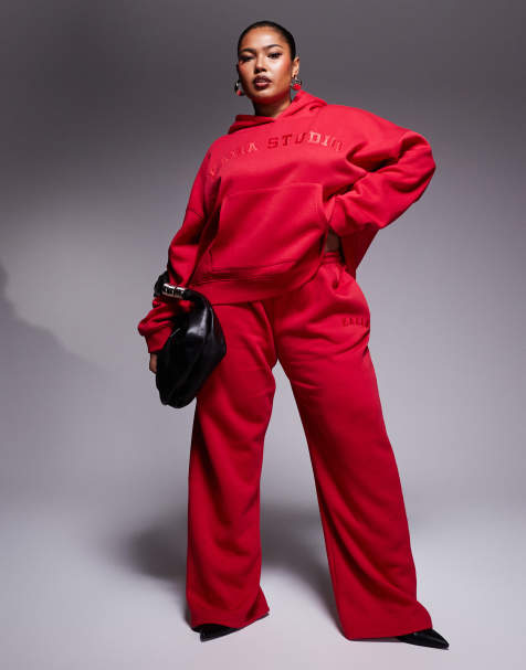 Kaiia cotton blend Plus wide leg jogger co-ord in red - view 1