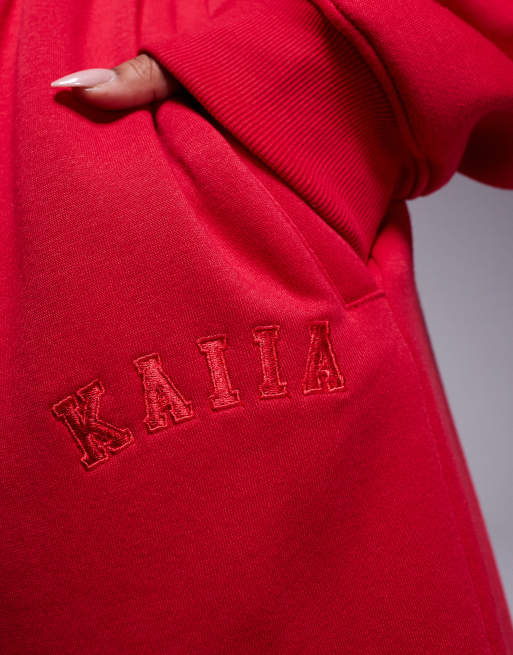 Kaiia cotton blend Plus wide leg jogger co-ord in red  , 3 of 5