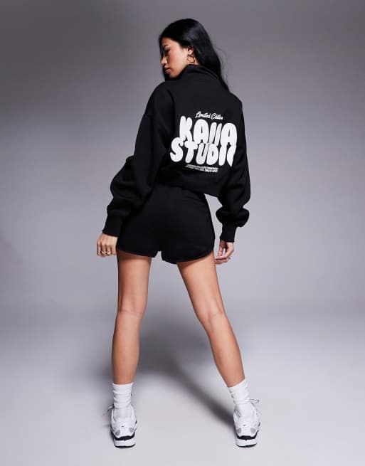 Kaiia cotton blend puff printed logo cropped half zip hoodie co-ord in black and white  , 3 of 4