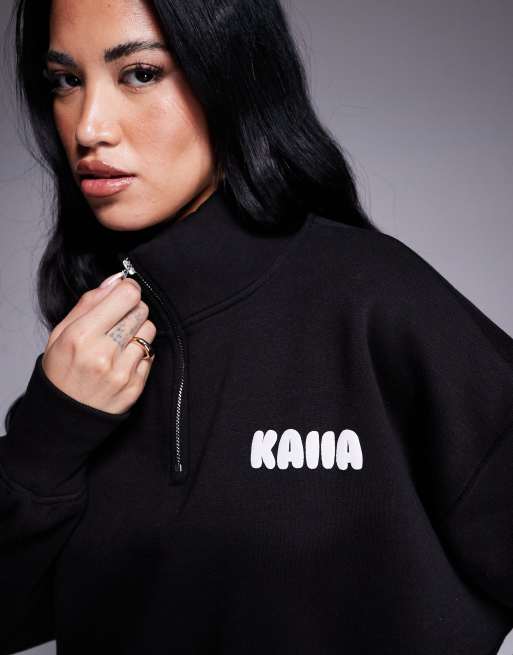 Kaiia cotton blend puff printed logo cropped half zip hoodie co-ord in black and white  , 4 of 4